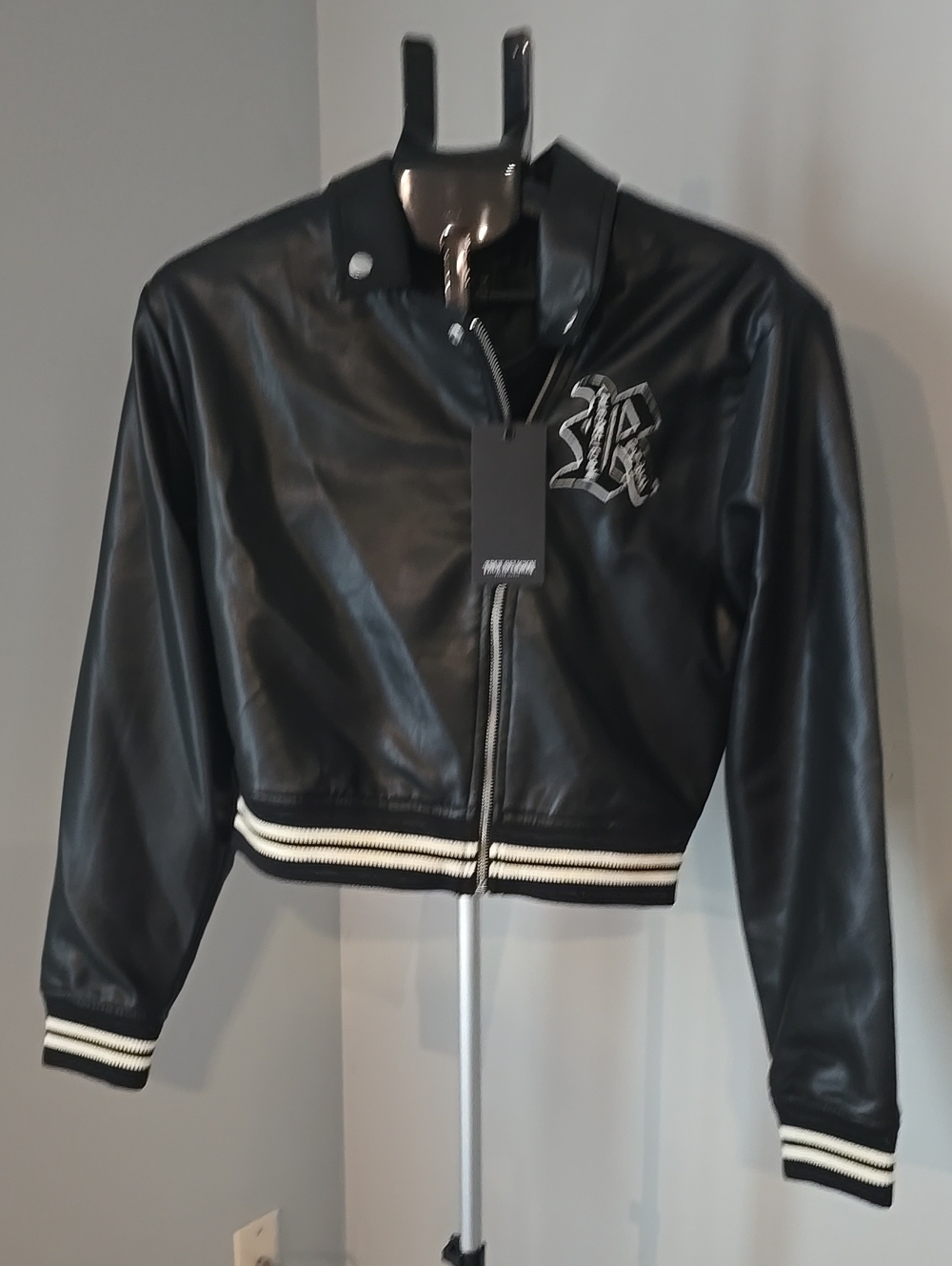 True Religion Black Faux Leather Bomber Jacket Size M